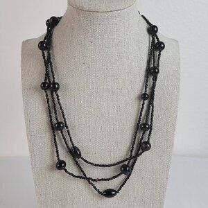 Black Glass Round Bead Station Seed Bead Necklace 56" Endless No Clasp Opera